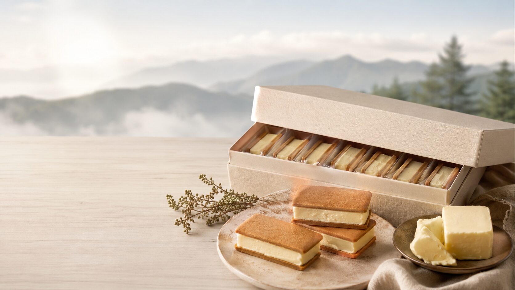 化粧箱入りのバターサンドと山里の風景