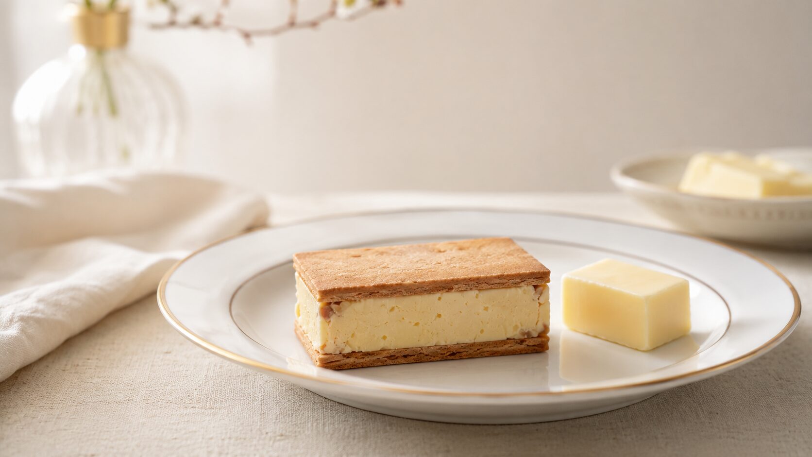 金縁の皿に盛ったバターサンドとバターの塊