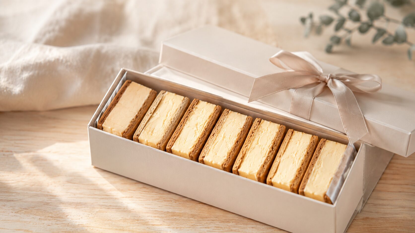 リボンを掛けたギフト箱に並ぶバターサンド