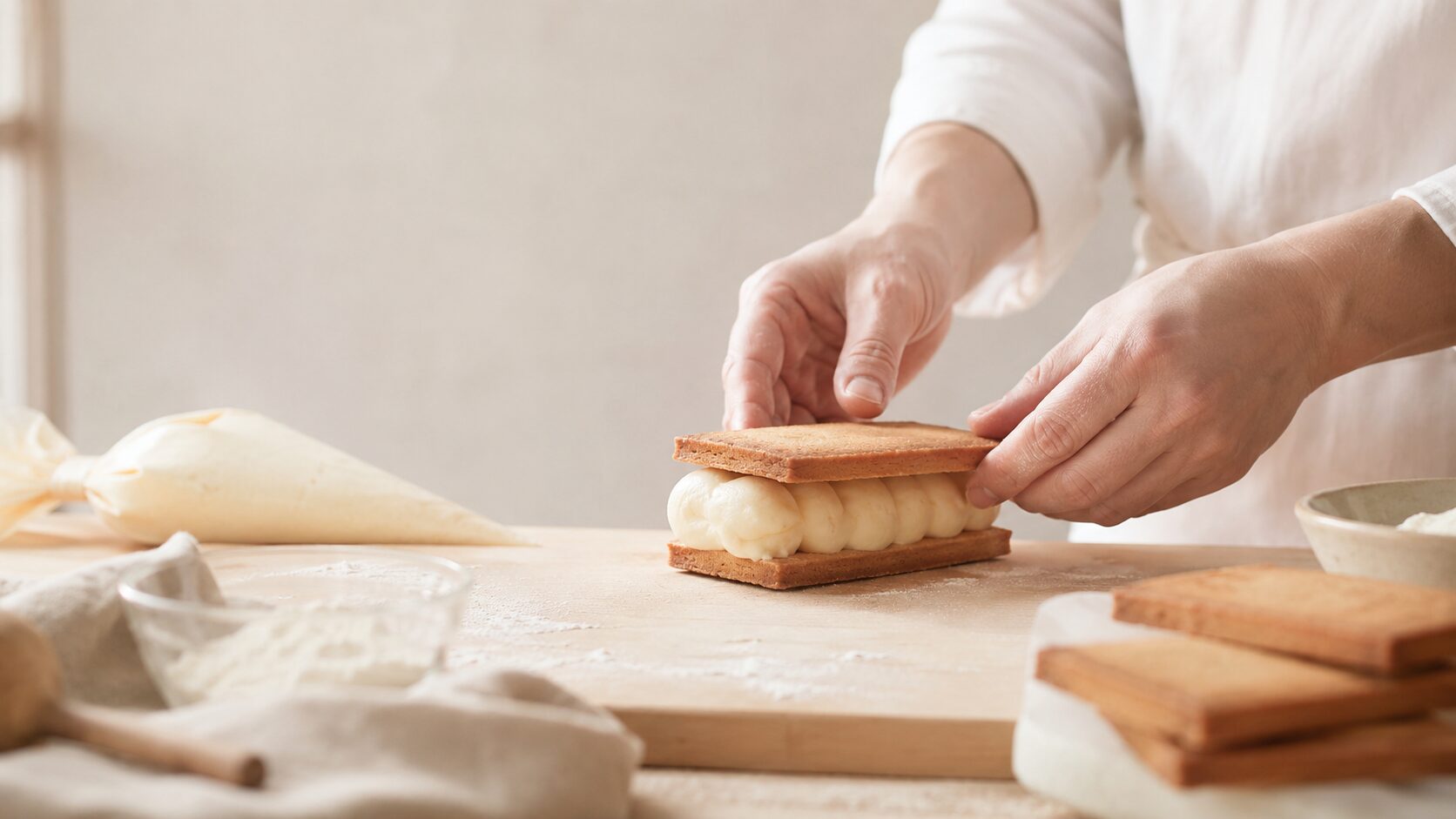 職人がバタークリームを挟むバターサンドの手元