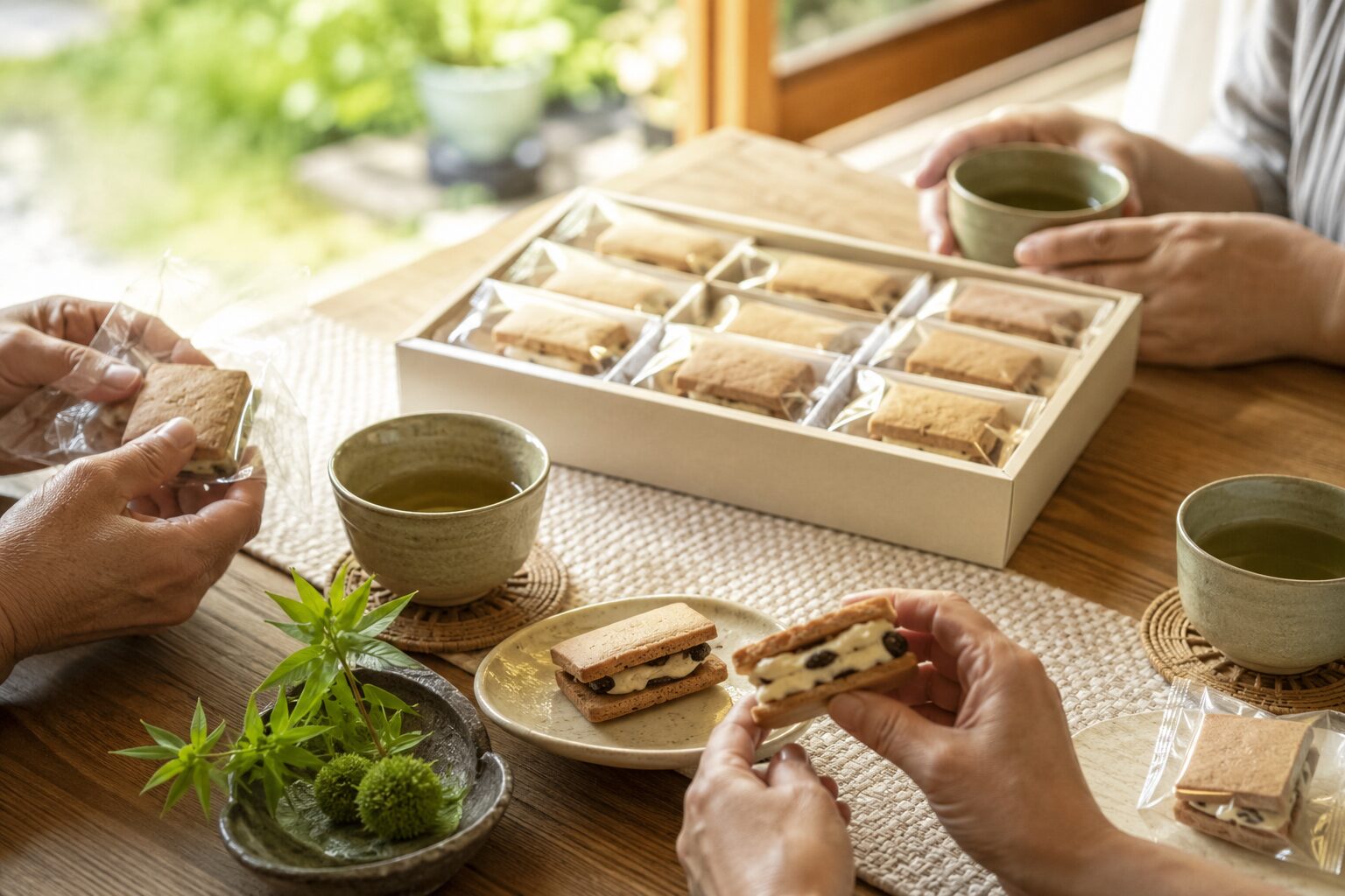 お盆に家族でバターサンドを囲む食卓の団らん