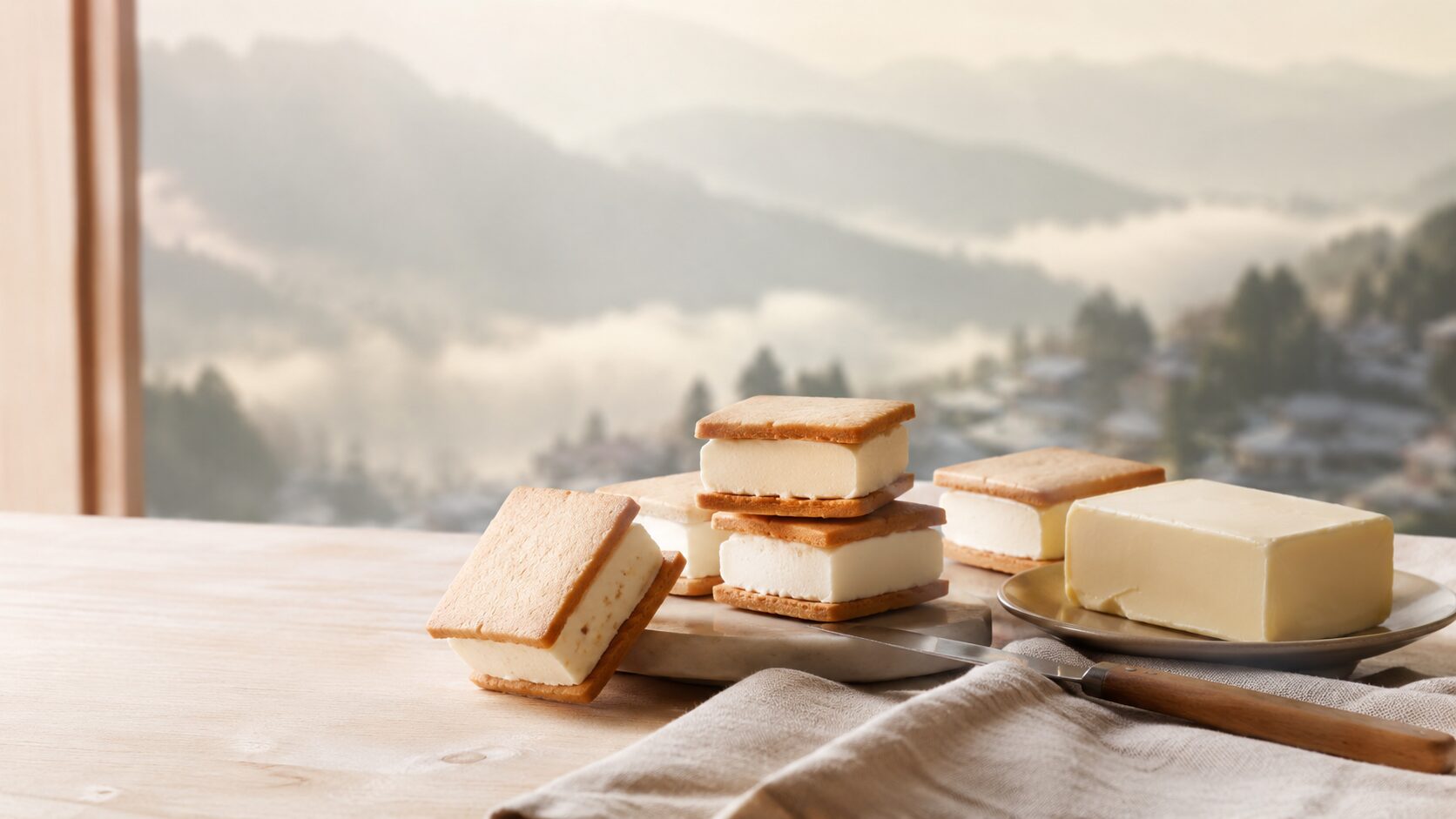 椎葉村の山並みとバターサンドと発酵バター